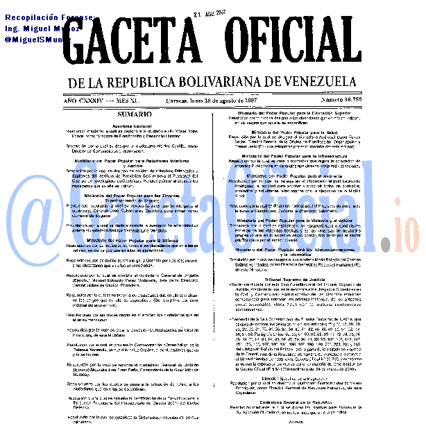 Gaceta Oficial 38750 del 20 Agosto 2007