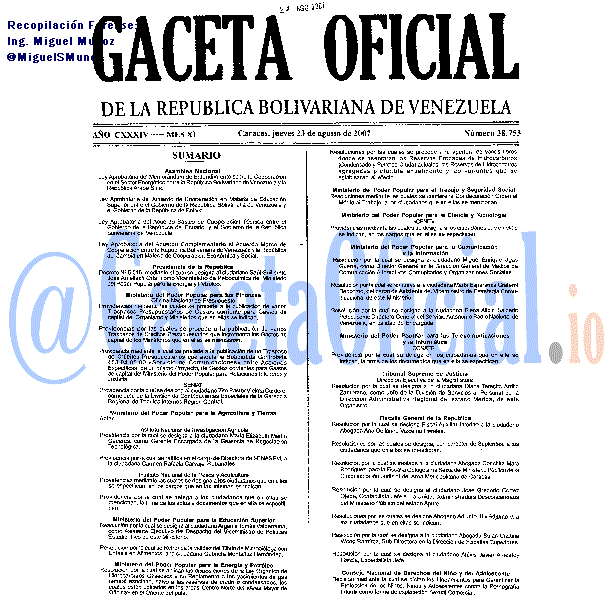 Gaceta Oficial 38753 del 23 Agosto 2007