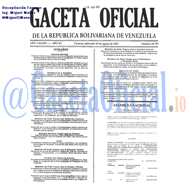 Gaceta Oficial 38757 del 29 Agosto 2007