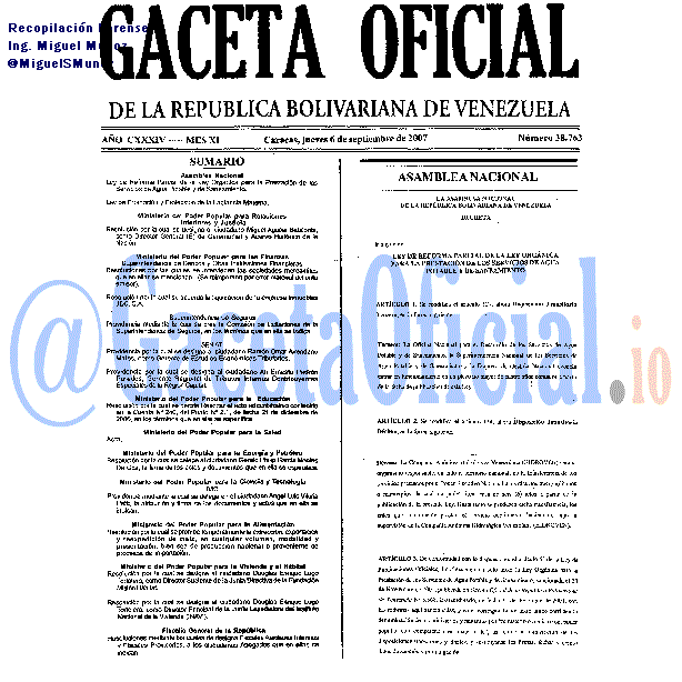 Gaceta Oficial 38763 del 6 Septiembre 2007