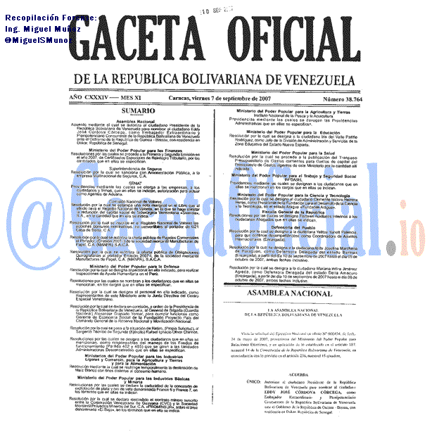 Gaceta Oficial 38764 del 7 Septiembre 2007