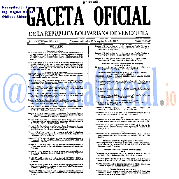 Gaceta Oficial 38767 del 12 Septiembre 2007