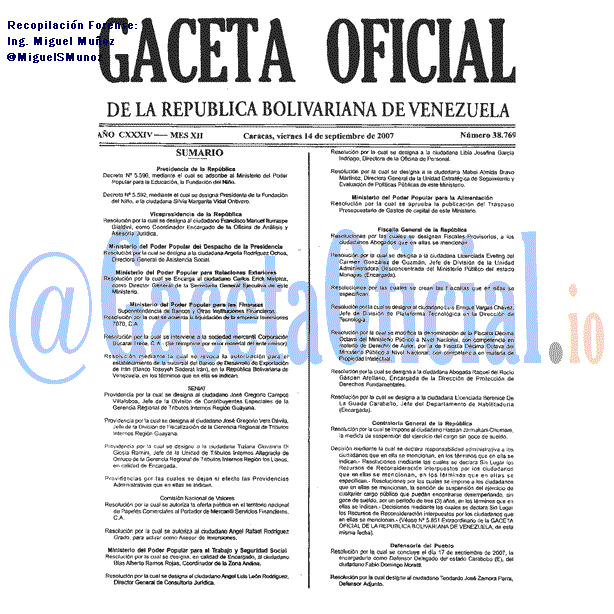 Gaceta Oficial 38769 del 14 Septiembre 2007