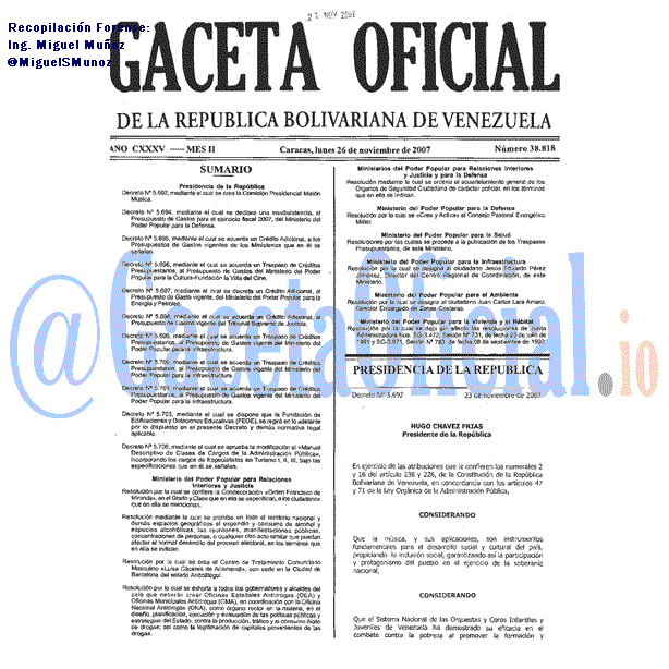 Gaceta Oficial 38818 del 26 Noviembre 2007