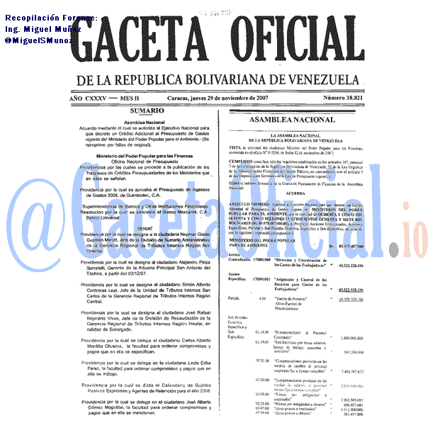 Gaceta Oficial 38821 del 29 Noviembre 2007