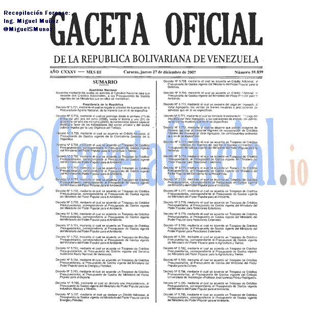 Gaceta Oficial 38839 del 27 Diciembre 2007