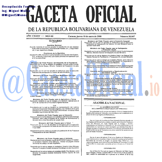 Gaceta Oficial 38847 del 10 Enero 2008