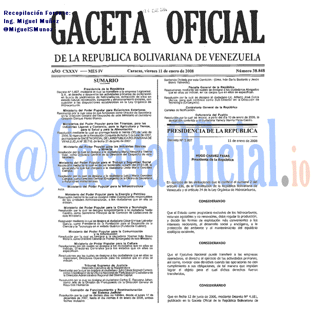 Gaceta Oficial 38848 del 11 Enero 2008