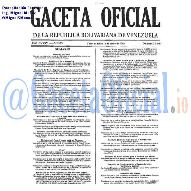 Gaceta Oficial 38849 del 14 Enero 2008