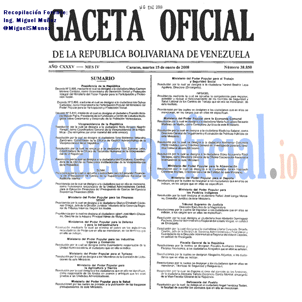 Gaceta Oficial 38850 del 15 Enero 2008