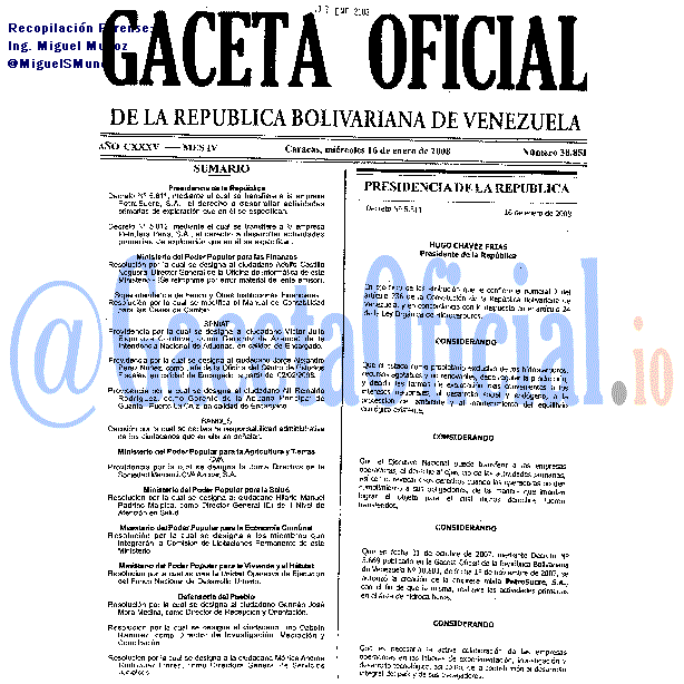 Gaceta Oficial 38851 del 16 Enero 2008