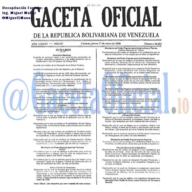 Gaceta Oficial 38852 del 17 Enero 2008