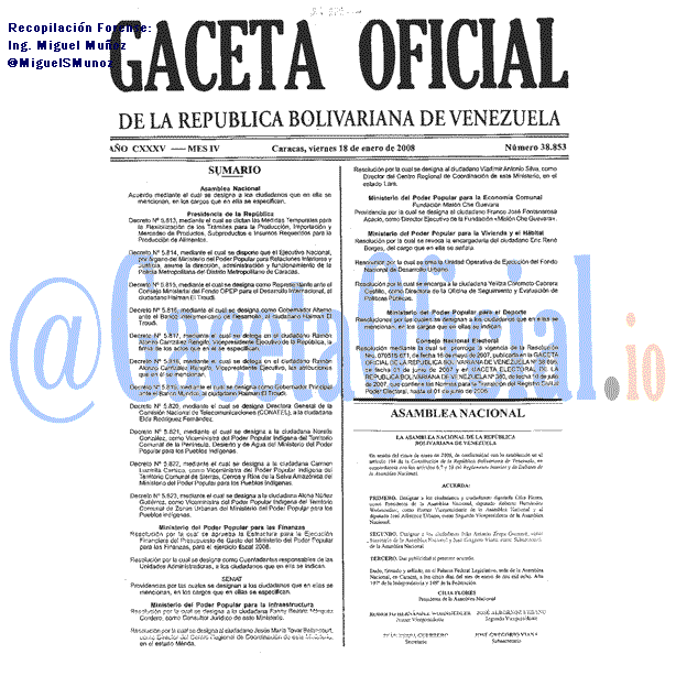 Gaceta Oficial 38853 del 18 Enero 2008