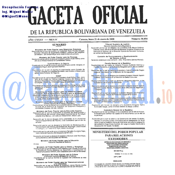 Gaceta Oficial 38854 del 21 Enero 2008