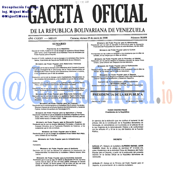 Gaceta Oficial 38858 del 25 Enero 2008