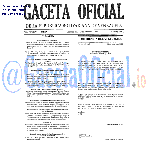 Gaceta Oficial 38872 del 18 Febrero 2008