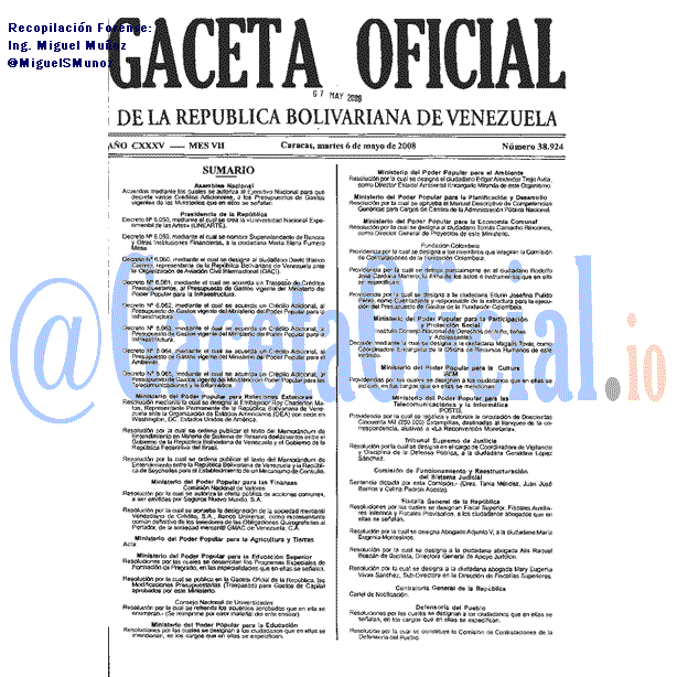 Gaceta Oficial 38924 del 6 Mayo 2008