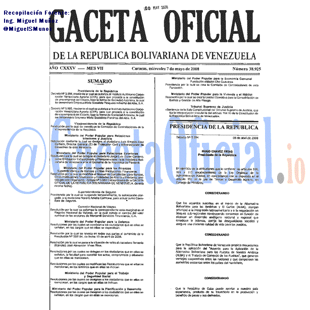 Gaceta Oficial 38925 del 7 Mayo 2008