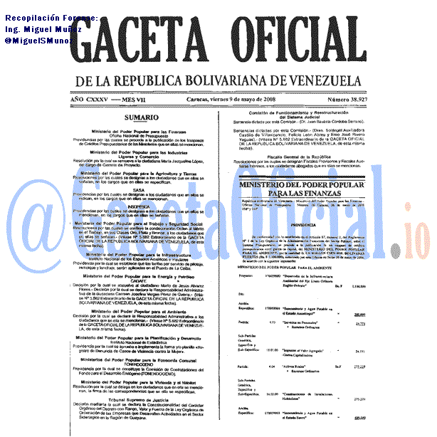 Gaceta Oficial 38927 del 9 Mayo 2008