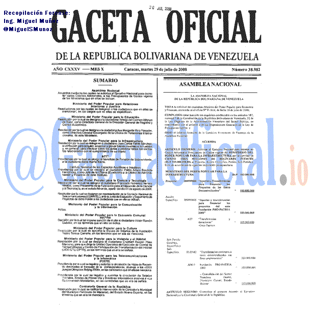 Gaceta Oficial 38982 del 29 Julio 2008