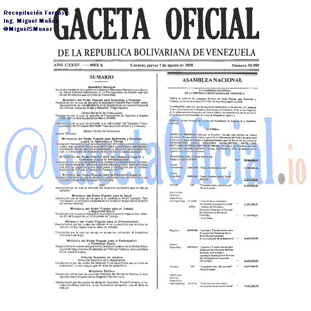 Gaceta Oficial 38989 del 7 Agosto 2008