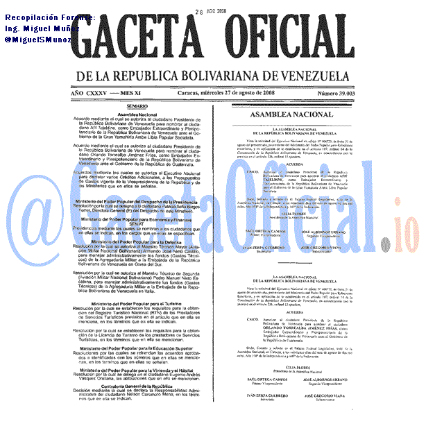 Gaceta Oficial 39003 del 27 Agosto 2008