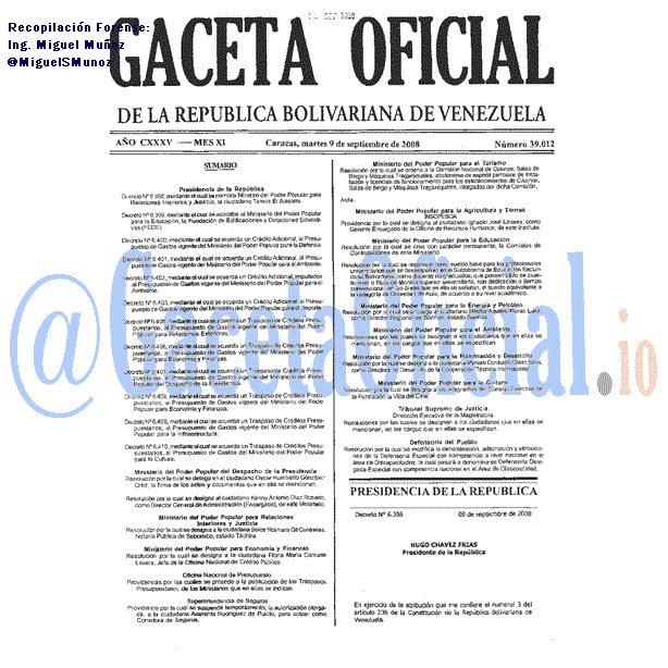 Gaceta Oficial 39012 del 9 Septiembre 2008