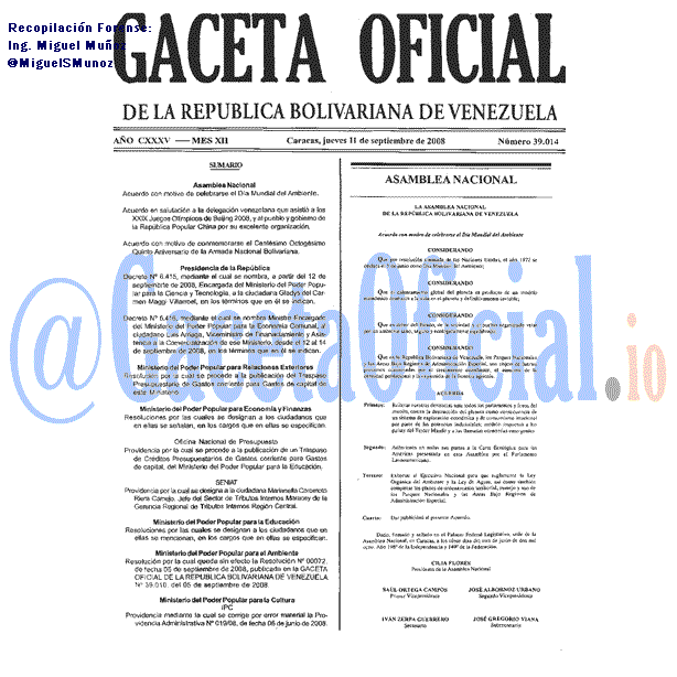 Gaceta Oficial 39014 del 11 Septiembre 2008