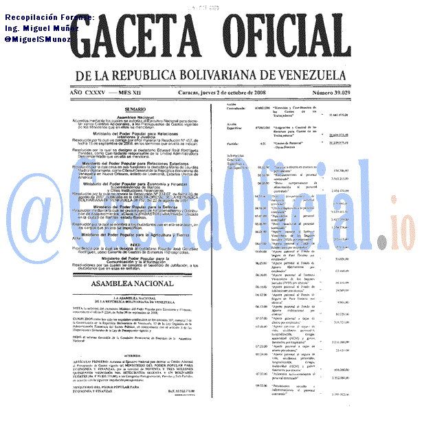 Gaceta Oficial 39029 del 2 Octubre 2008