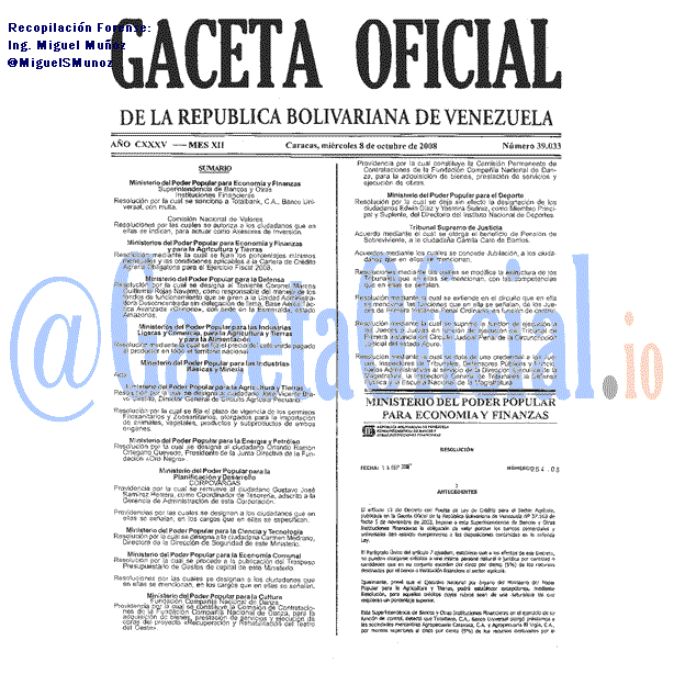 Gaceta Oficial 39033 del 8 Octubre 2008