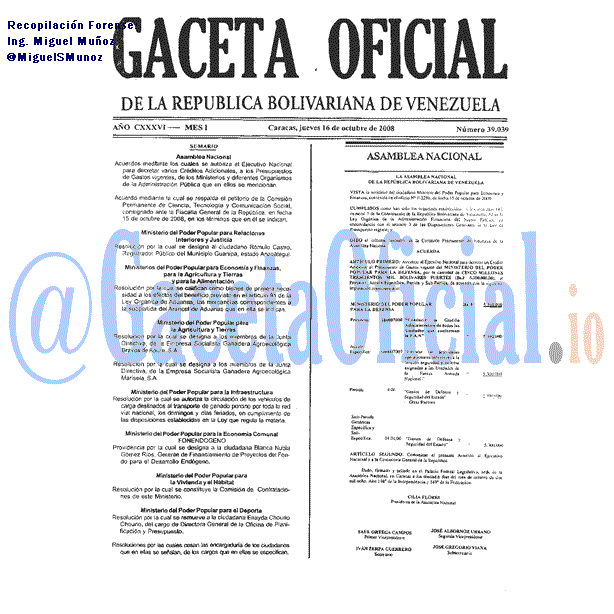 Gaceta Oficial 39039 del 16 Octubre 2008