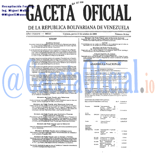 Gaceta Oficial 39044 del 23 Octubre 2008
