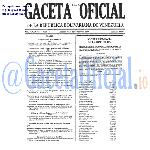 Gaceta Oficial 39096 del 12 Enero 2009