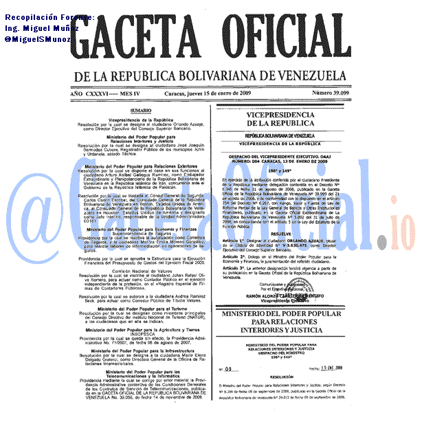 Gaceta Oficial 39099 del 15 Enero 2009