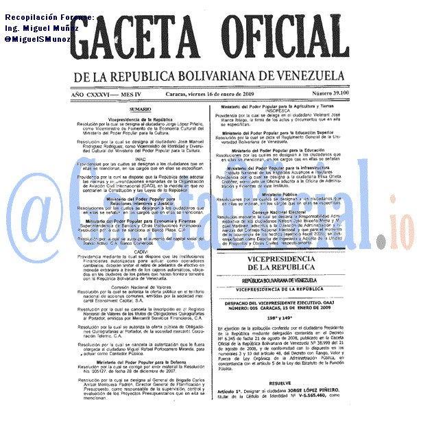 Gaceta Oficial 39100 del 16 Enero 2009