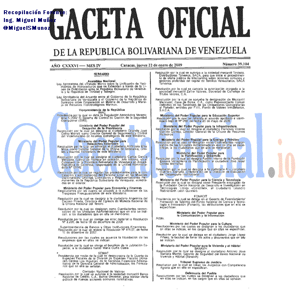 Gaceta Oficial 39104 del 22 Enero 2009