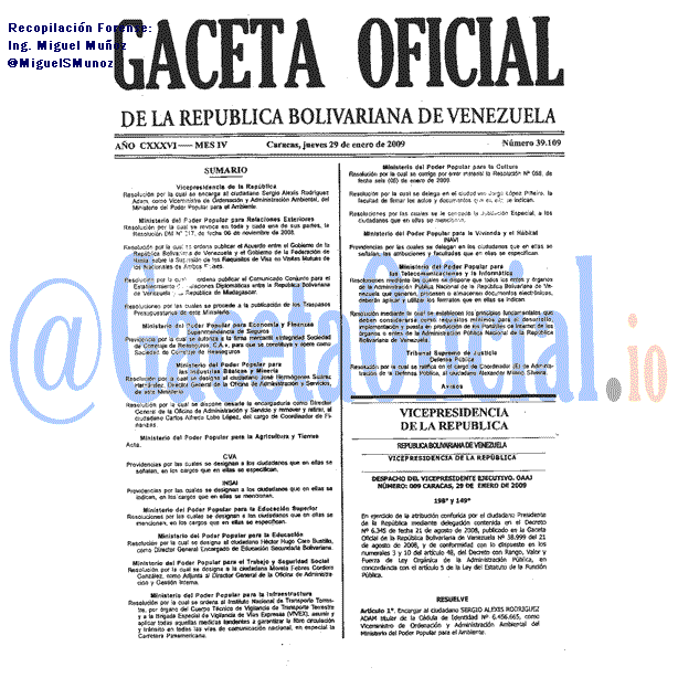 Gaceta Oficial 39109 del 29 Enero 2009