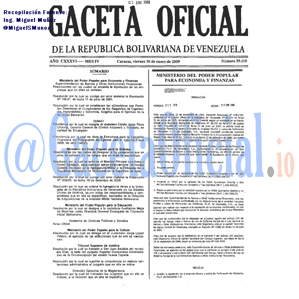 Gaceta Oficial 39110 del 30 Enero 2009