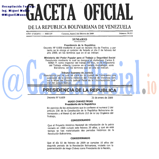 Gaceta Oficial 39111 del 2 Febrero 2009