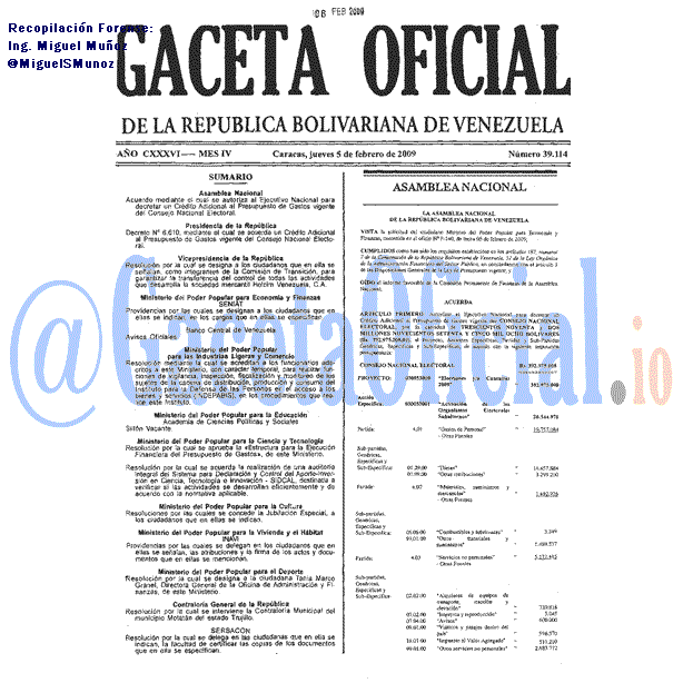 Gaceta Oficial 39114 del 5 Febrero 2009
