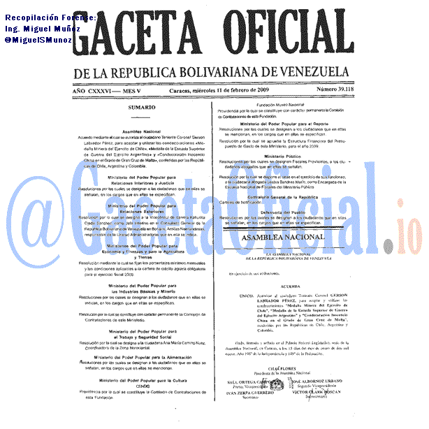 Gaceta Oficial 39118 del 11 Febrero 2009