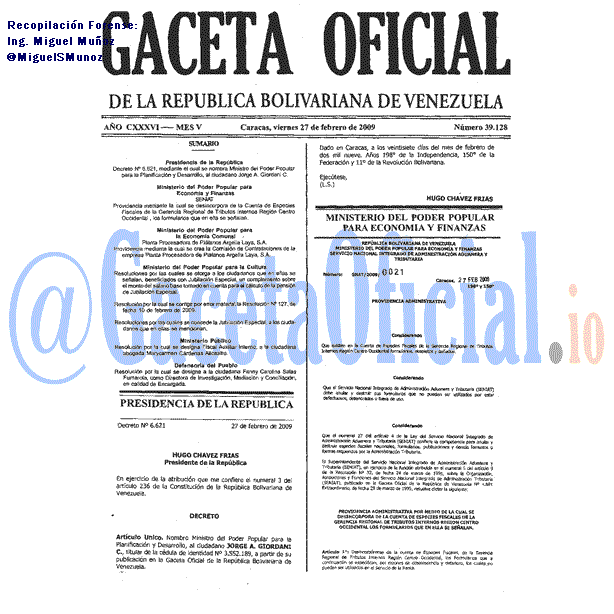 Gaceta Oficial 39128 del 27 Febrero 2009
