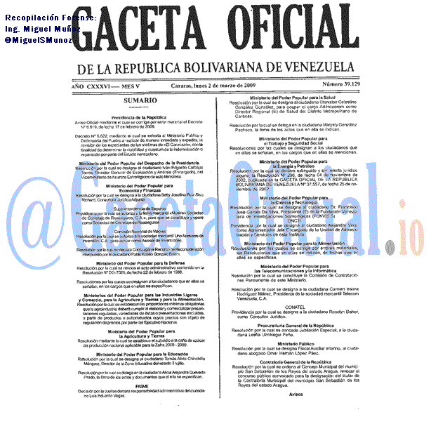 Gaceta Oficial 39129 del 2 Marzo 2009