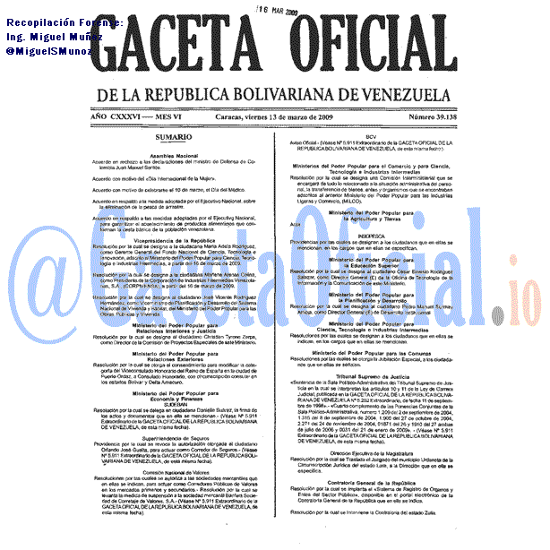 Gaceta Oficial 39138 del 13 Marzo 2009