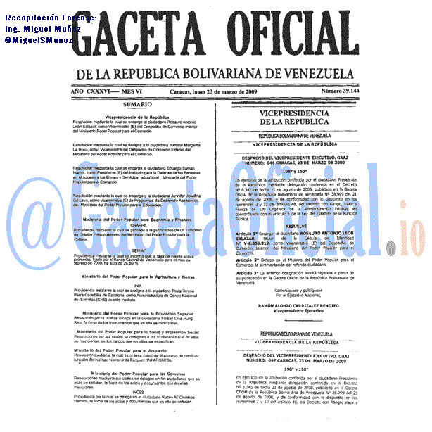 Gaceta Oficial 39144 del 23 Marzo 2009