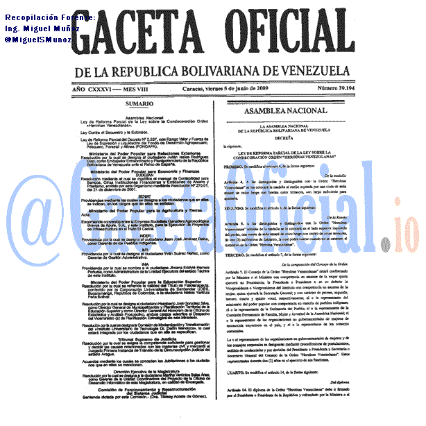 Gaceta Oficial 39194 del 5 Junio 2009