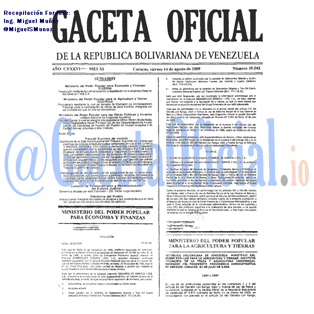 Gaceta Oficial 39242 del 14 Agosto 2009