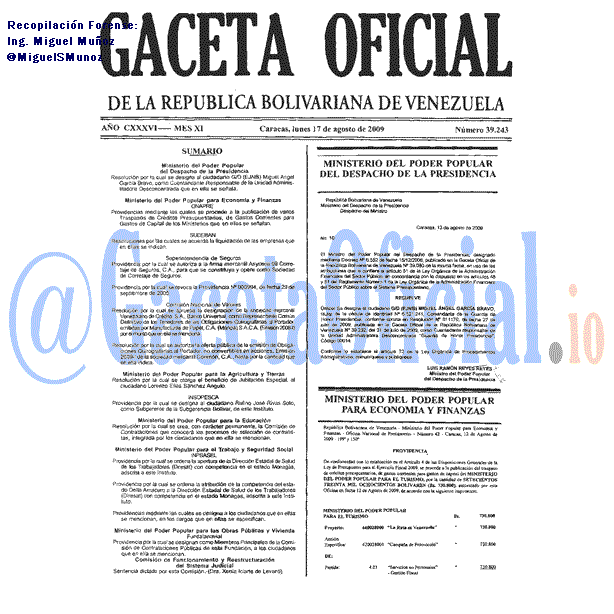 Gaceta Oficial 39243 del 17 Agosto 2009