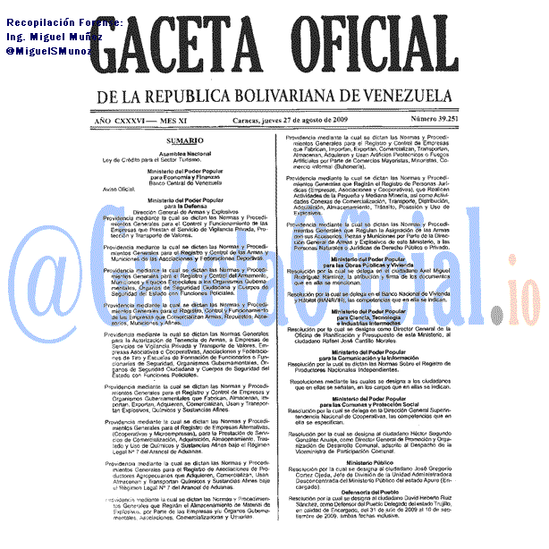 Gaceta Oficial 39251 del 27 Agosto 2009