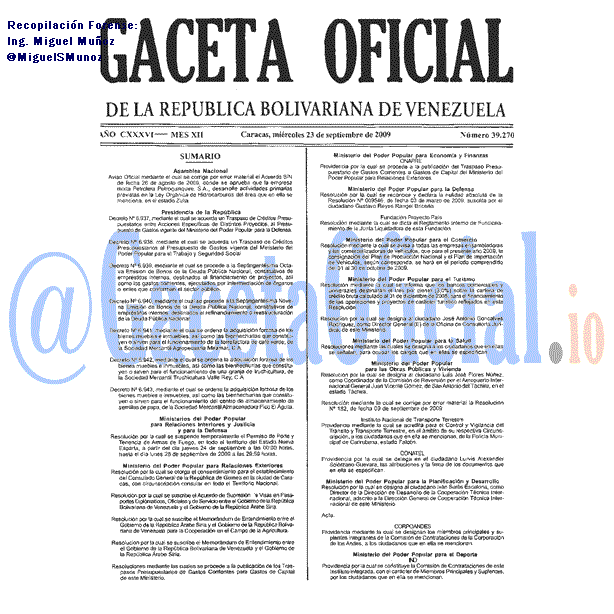 Gaceta Oficial 39270 del 23 Septiembre 2009